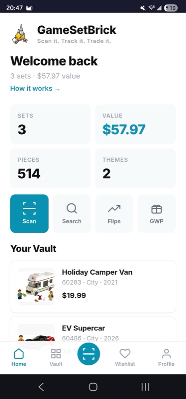 GameSetBrick home dashboard showing collection stats, scan, search, and vault