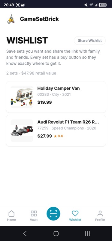 GameSetBrick shareable wishlist with buy buttons for gift givers