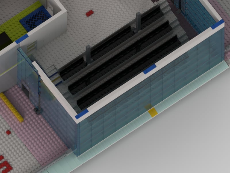 Close-up Stud.io render of the IMS Pagoda bleacher section showing individual seat elements, support structure, and railing detail