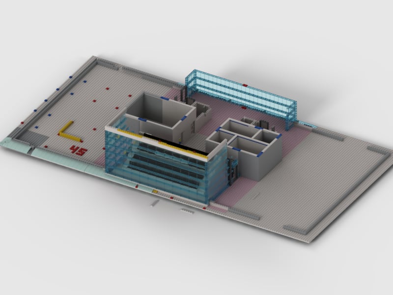 Isometric Stud.io render of the IMS Pagoda ground floor showing full footprint, interior walls, and structural layout at 1:38 scale