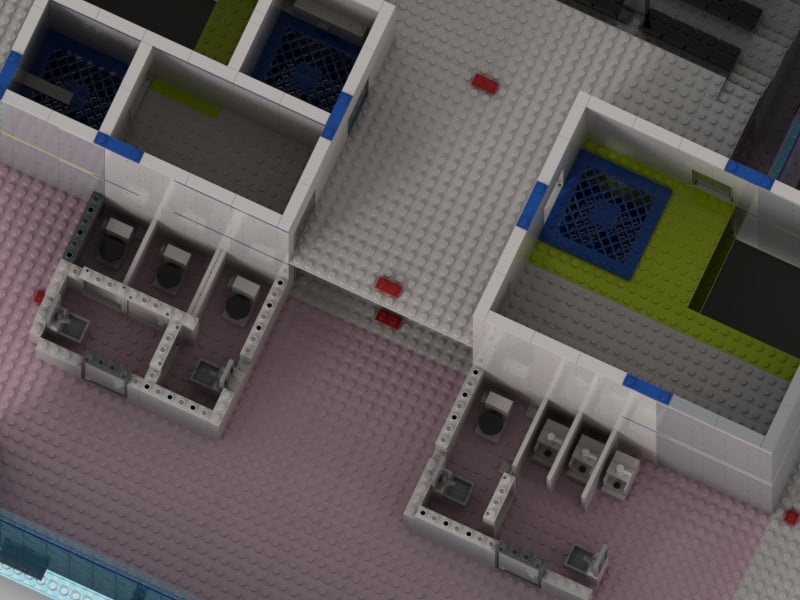 Top-down Stud.io render of the IMS Pagoda ground floor showing interior layout, wall placement, and stud grid from above