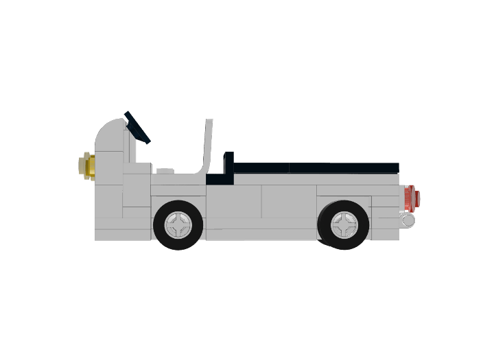Side profile Stud.io render of the IndyCar pit cart MOC showing full length proportions, wheels, windshield, and steering column