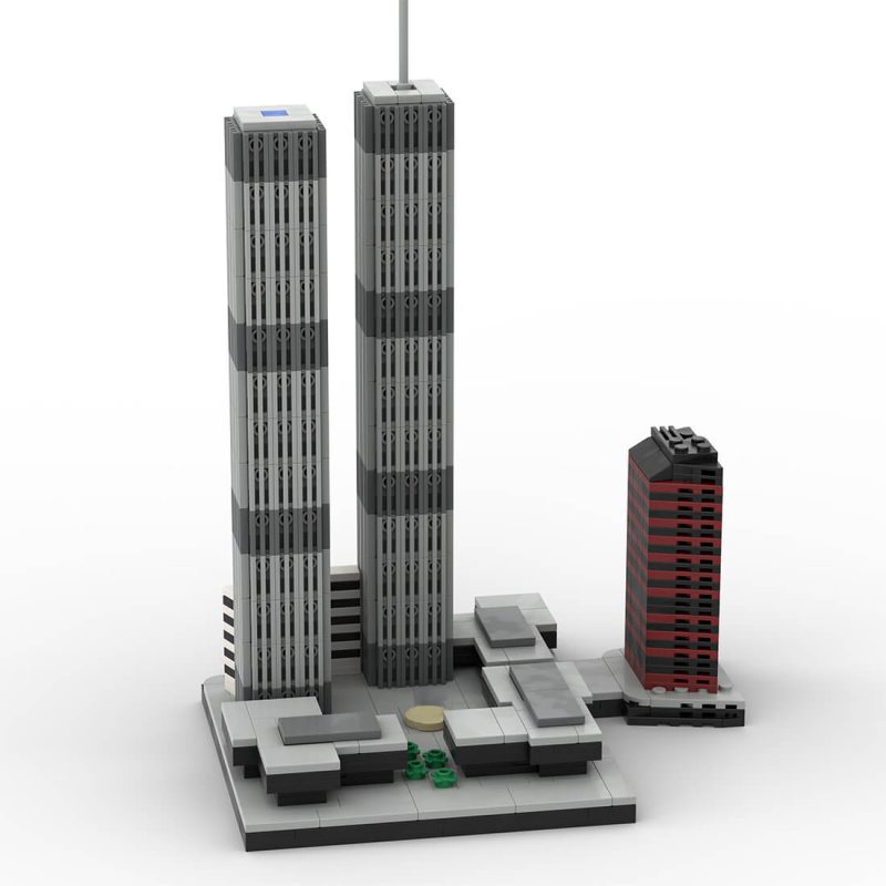 LetBricks World Trade Center micro model close-up showing tower facade detail and plaza structures